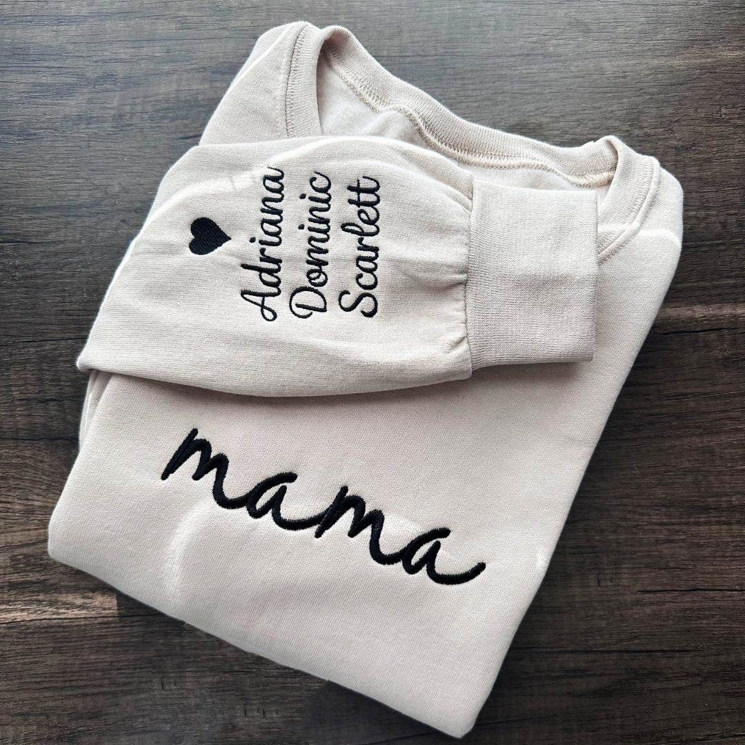 Custom Mama Embroidered Sweatshirt with Kids Names Sleeves HCMD0263