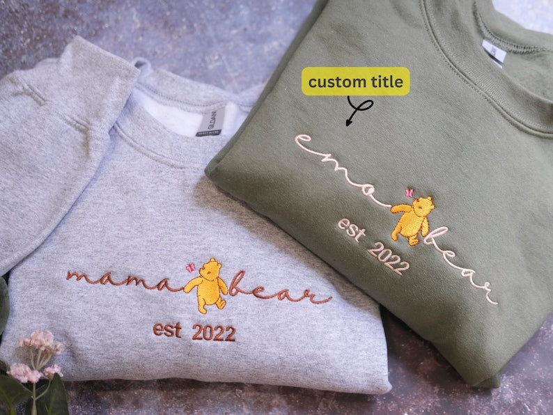 Custom Mama Bear Embroidered Sweatshirt with Kid Name on Sleeve HCMD0273