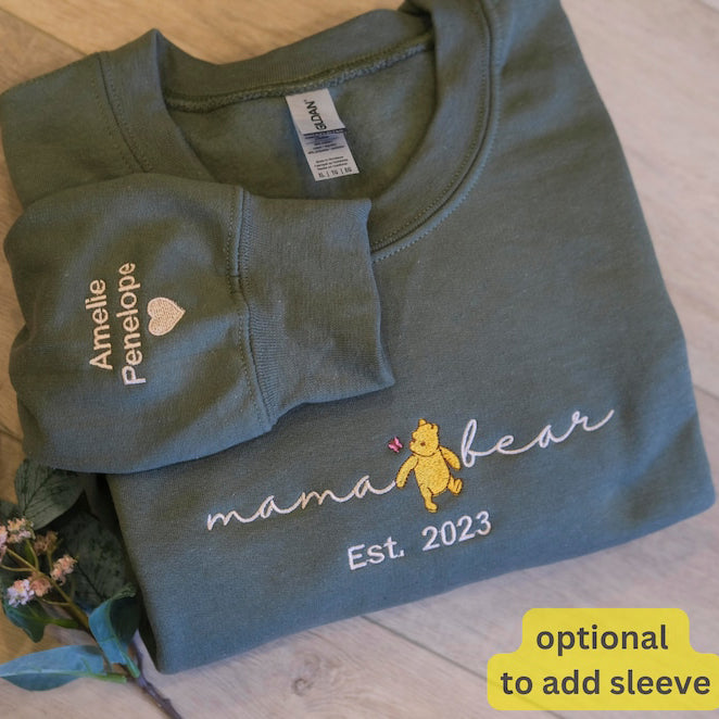 Custom Mama Bear Embroidered Sweatshirt with Kid Name on Sleeve HCMD0273