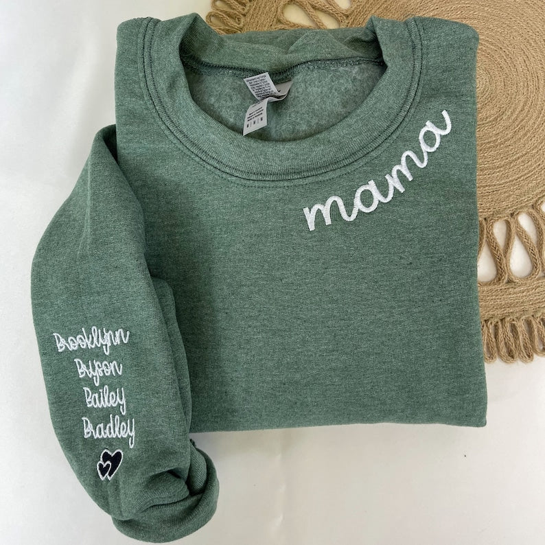 Custom Mama Embroidered Sweatshirt with Kids Names Sleeves HCMD0263