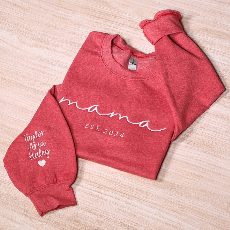 Custom Mama Embroidered Sweatshirt with Kids Names Sleeves HCMD0263